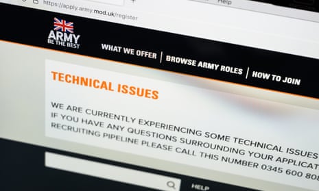 A laptop screen displays the error message on the online recruitment section of the British Army website