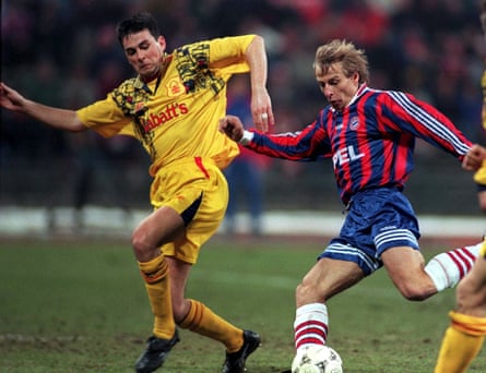 Bayern Munich’s Jürgen Klinsmann takes on Forest’s Steve Chettle in 1996.
