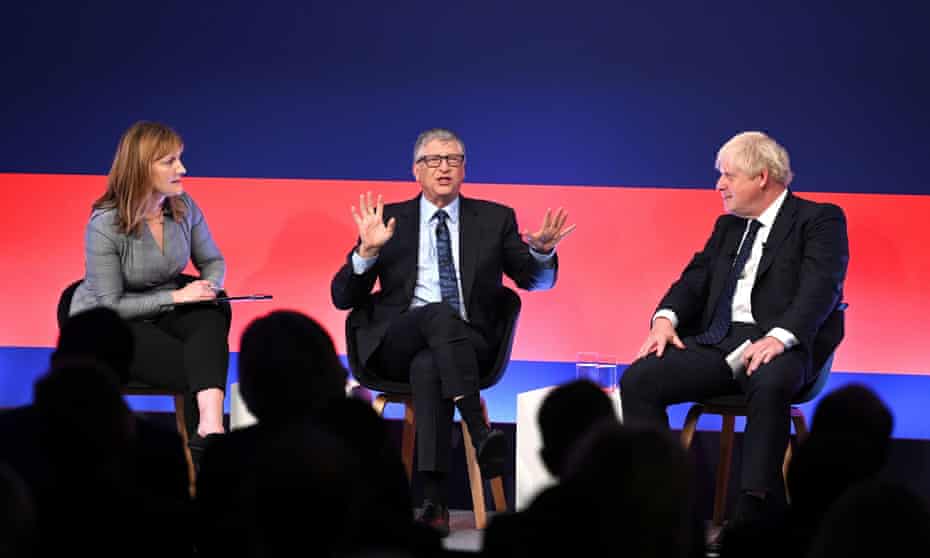 Allegra Stratton, Bill Gates and Boris Johnson at the Science Museum for the Global Investment Summit.