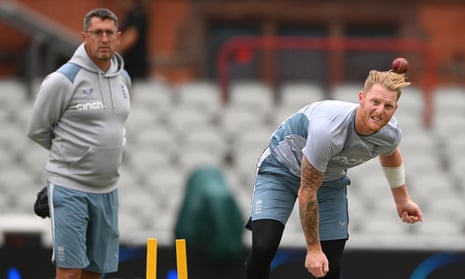 Jon Lewis overseeing Ben Stokes in the nets at Old Trafford in August