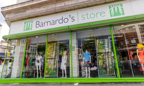 Barnardo’s charity store front on Stockwell Road, Brixton, London.