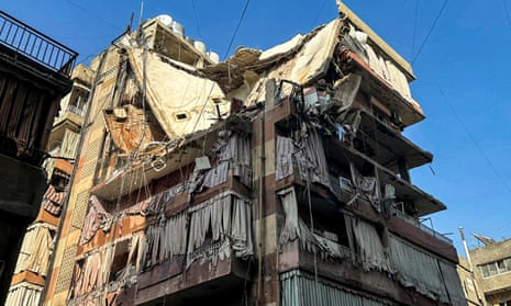 This picture shows a residential building whose top floors were hit by an Israeli strike in the Ghobeiri area of Beirut’s southern suburbs.
