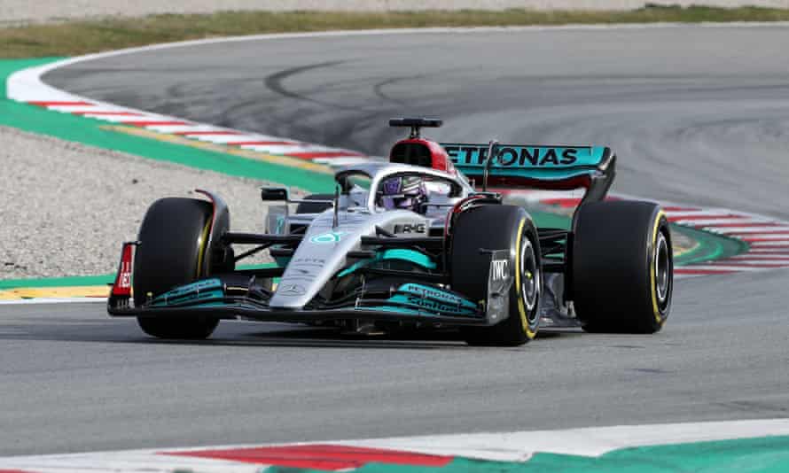 Lewis Hamilton test drives the Mercedes W13 at the Circuit de Barcelona-Catalunya