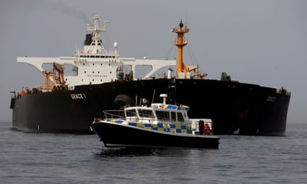 A Royal Gibraltar Police’s boat guards the Iranian oil tanker Grace 1