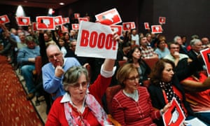 Constituents during a town hall event in Branchburg, New Jersey. People have been showing up in large numbers to congressional town hall meetings across the nation.