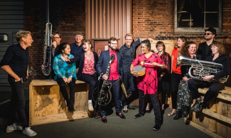 Maluba Orchestra, featuring Fredrik Lundin, far left, Kasper Bai (centre, with guitar) and Marilyn Mazur (in pink, on percussion).