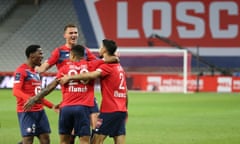 Lille OSC v OGC Nice - Ligue 1<br>LILLE, FRANCE - MAY 1: Mehmet Zeki Celik of Lille (right) celebrates his goal with Jonathan David, Sven Botman, Reinildo Mandava during the Ligue 1 match between Lille OSC (LOSC) and OGC Nice (OGCN) at Stade Pierre Mauroy on May 1, 2021 in Villeneuve d’Ascq near Lille, France. (Photo by John Berry/Getty Images)