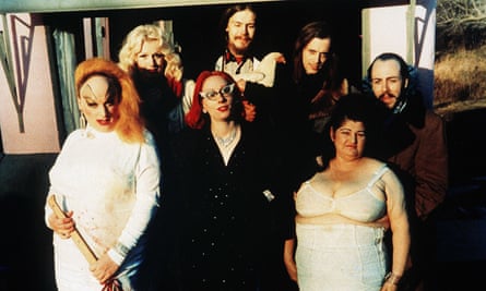 John Waters with the cast of his 1972 film Pink Flamingos.