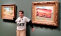 A climate activist poses after defacing the painting at the Musée d’Orsay