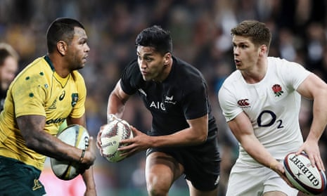 Autralia’s Kurtley Beale, New Zealand’s Rieko Ioane and Owen Farrell of England are likely to be major players at the Japan 2019 World Cup. Photographs by Getty Images. Composite Jim Powell