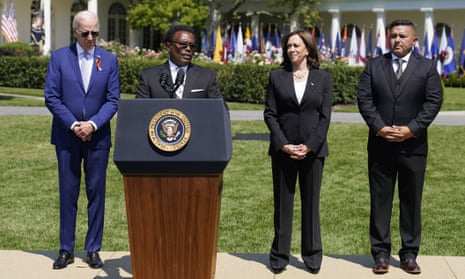 Garnell Whitfield, Jr., speaks as President Joe Biden, Vice President Kamala Harris and Uvalde, Texas pediatrician Roy Guerrero look on, during an event at the White House today to celebrate the passage of the “Bipartisan Safer Communities Act”.