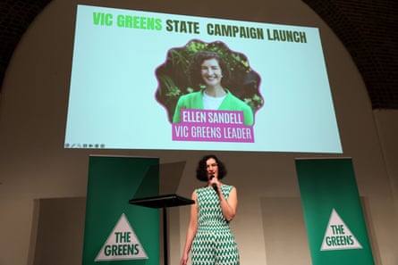 Victorian Greens leader Ellen Sandell on stage.