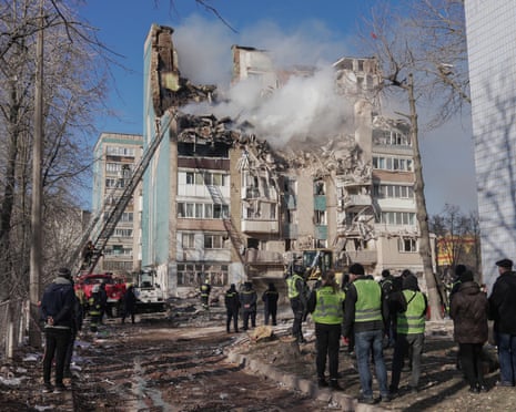Rescuers work at the site of the Russian strike on the residential multi-story building in Ternopil, Ukraine.