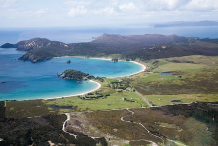 An aerial view of Matai Bay, New Zealand, the centre of the manuka honey industry.