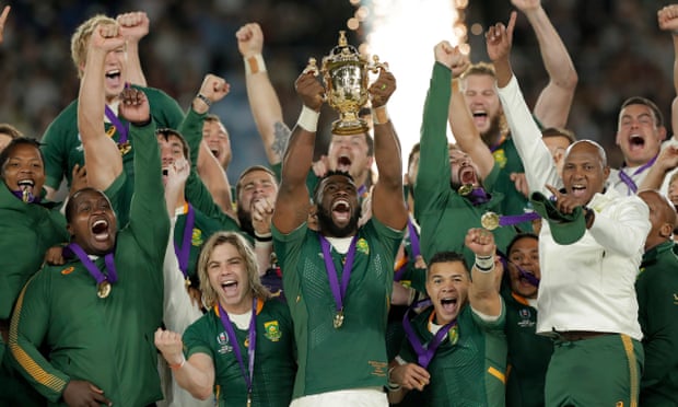 Siya Kolisi lifts the Webb Ellis Trophy after captaining South Africa to World Cup success in 2019.