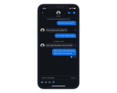 A phone screen showing a conversation on the Tinder Dating App