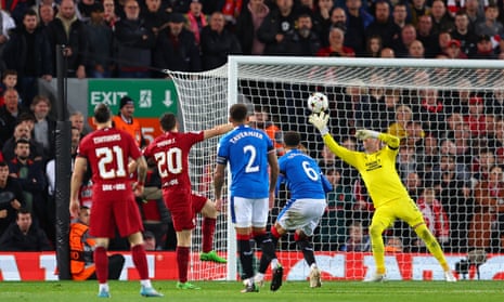 Diogo Jota of Liverpool sees his shot saved by Allan McGregor