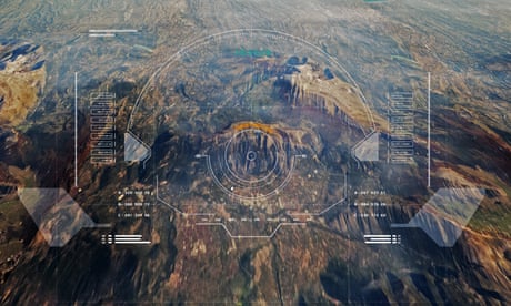 Hud Futuristic Aerial Surveillance Flyover Mystery Mountain For Enemy Target Checking 3D Rendering Illustration.