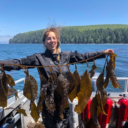 A young woman in a dry suit holds out a string of kelp