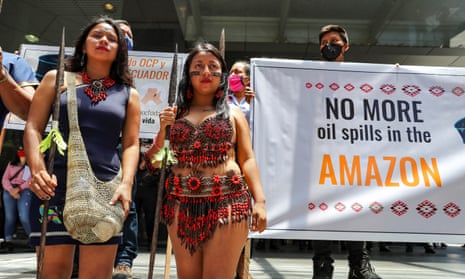 The Kichwa, indigenous people of the Amazon, fight police harassment when protesting oil spills outside the Council of the Judiciary in Quito earlier this month.