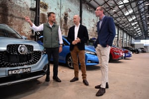 NSW minister for energy and the environment, Matt Kean (centre), with Andrew Constance (left) and Dominic Perrottet, inspect electric cars at Carriageworks in Sydney in June.
