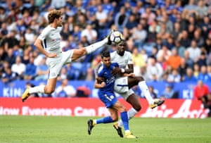Marcos Alonso of Chelsea controls the ball as Riyad Mahrez of Leicester City and Antonio Rudiger battle for possession as Chelsea beat Leicester City 2-1 at The King Power Stadium.