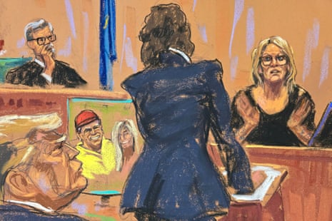 Stormy Daniels is questioned by prosecutor Susan Hoffinger before Justice Juan Merchan.