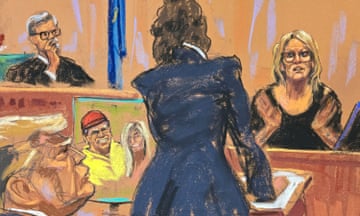  Court sketch shows Stormy Daniels questioned by prosecutor Susan Hoffinger as Justice Juan Merchan and Donald Trump look on. 