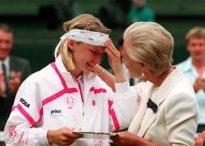 Wimbledon 1993The Duchess of Kent comforts Jana Novotna as she presents her with the runner up trophy on centre court after loosing the final 6-7 6-1 4-6 to defending champion Steffi Graf.