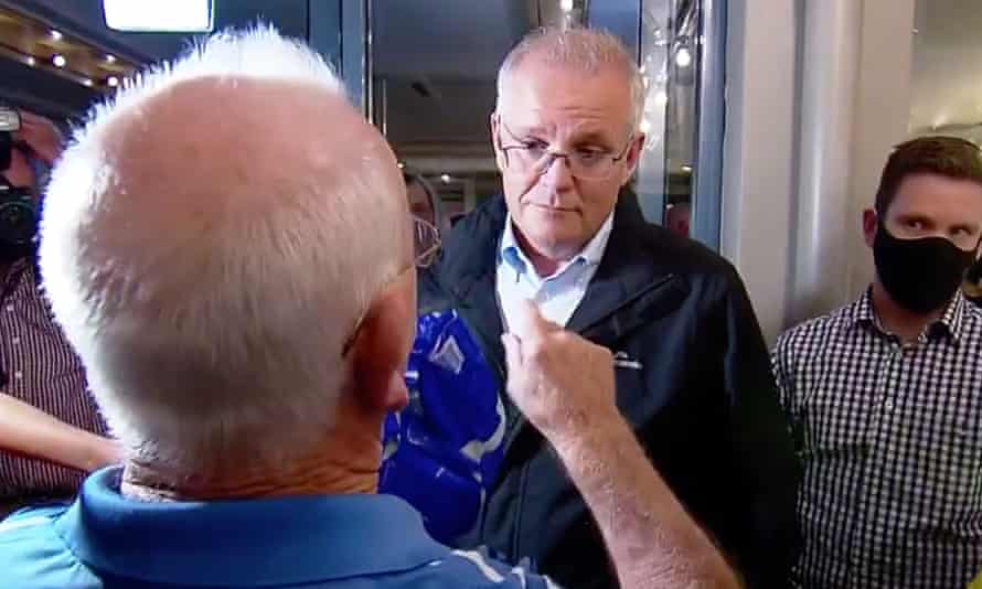 Ray Drury confronts Scott Morrison at a hotel in Newcastle.