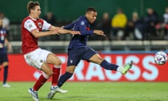 Kylian Mbappé scores France’s equaliser at the Ernst Happel Stadion.