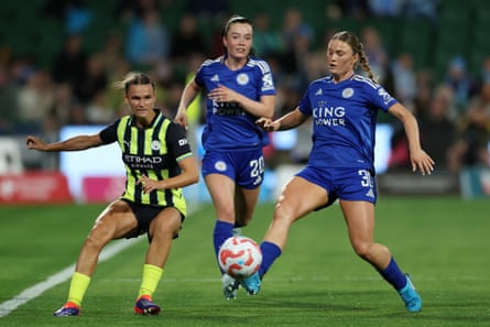 Ruby Mace wins the ball from Manchester City’s Kerstin Casparij during a pre-season tournament in Australia in August.