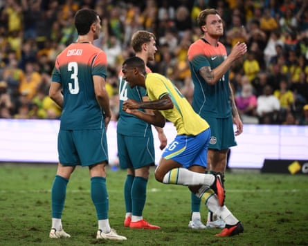 Rayan celebrates scoring an equaliser for Brazil against Australia in Townsville