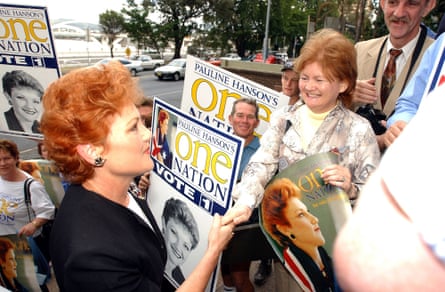 One Nation leader Pauline Hanson arrives to a warm welcome outside the Brisbane magistrates court on 1 October 2001