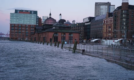 The Elbe floods the fish market in Altona, Hamburg, Germany.