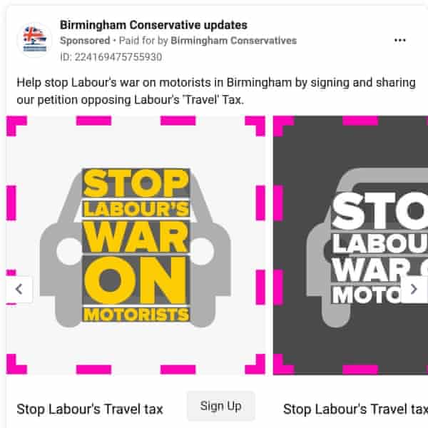 A Facebook ad that reads 'help stop Labour's war on motorists'