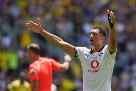 Jobe Bellingham celebrates after scoring his first goal for Borussia Dortmund.