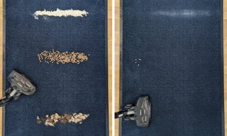 Before the Beldray Airgility Pet Plus+ got to work (left) and how well it picked up the flour and pet hair (right).