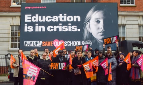 Mary Bousted (centre), joint general secretary of the National Education Union, launches the 'Pay Up, Save Our Schools' campaign in central London