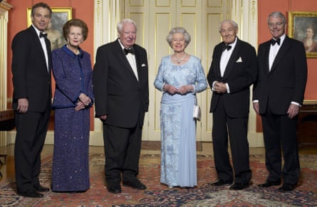 The Queen with five of her prime ministers – from left, Tony Blair, Margaret Thatcher, Edward Heath, James Callaghan and John Major – at Downing Street in 2002, before a golden jubilee dinner.