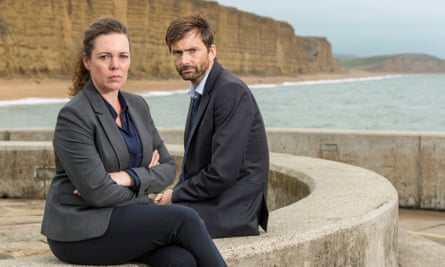 National treasures … in a historic location. Olivia Colman (left) and David Tennant in a publicity shot for Broadchurch, in Dorset.