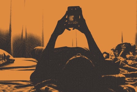 stylized black and orange image of person lying down looking at phone