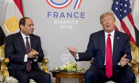Donald Trump and Egypt’s president, Abdel Fatah al-Sisi, at the G7 summit in Biarritz, France, on 26 August. President Donald Trump and Egyptian President Abdel Fattah al-Sisi, left, participate in a bilateral meeting at the G-7 summit in Biarritz, France, Monday, Aug. 26, 2019. (AP Photo/Andrew Harnik)