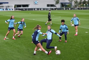 Georgia Stanway (centre left) and Ellen White (centre right) during a training session at Manchester City Football Academy in July.