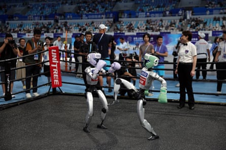 two robots in a boxing ring as people watch