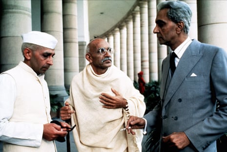 Sir Ben Kingsley as Gandhi, centre, with Roshan Seth as Pandit Jawaharlal Nehru and Alyque Padamsee as Mohammed Ali Jinnah.