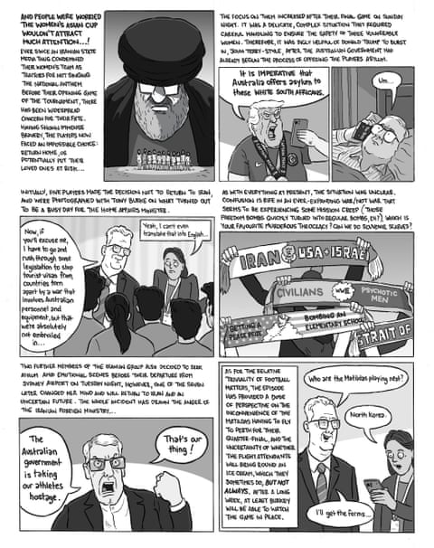 A cartoon about Iran and the Women’s Asian Cup, panel 1