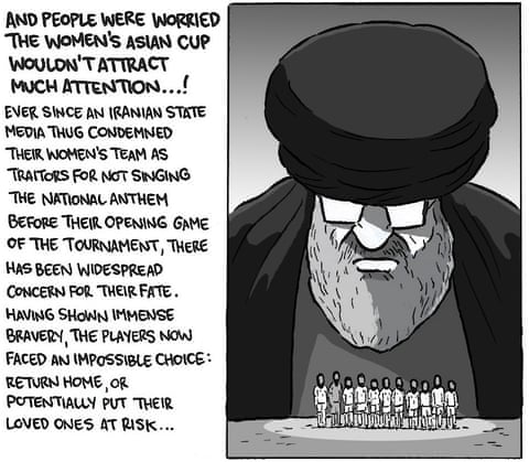 A cartoon about Iran and the Women’s Asian Cup, panel 1