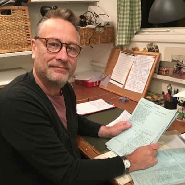 Daniel Postgate in his shed with the transcripts of The Clangers.