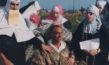 Derek Jarman with the nuns at Prospect Cottage garden in 1991.